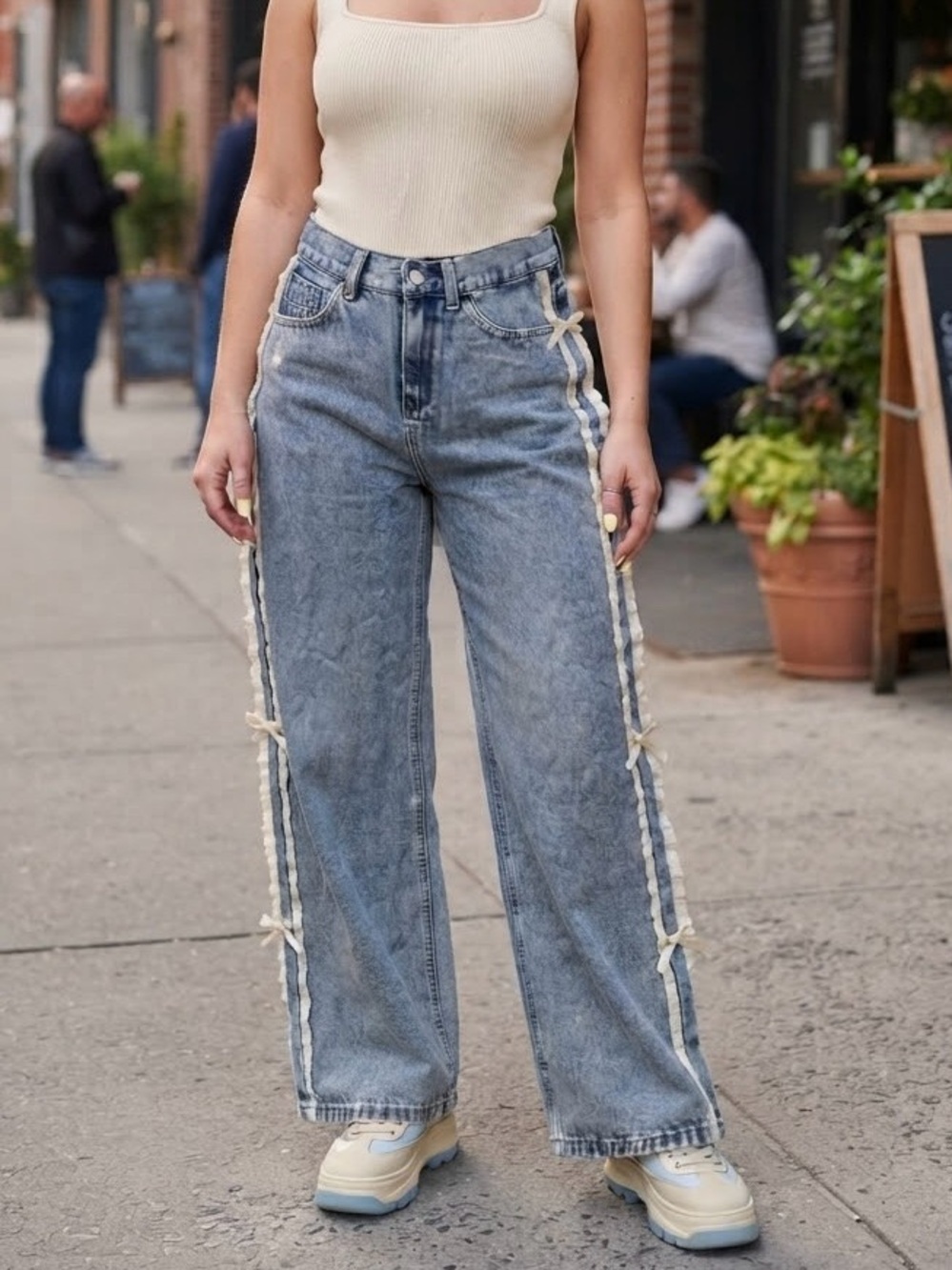 DAZY Ruffled Bow Wide Leg Denim Jeans Coquette Indie Sleaze Boho Y2K Small